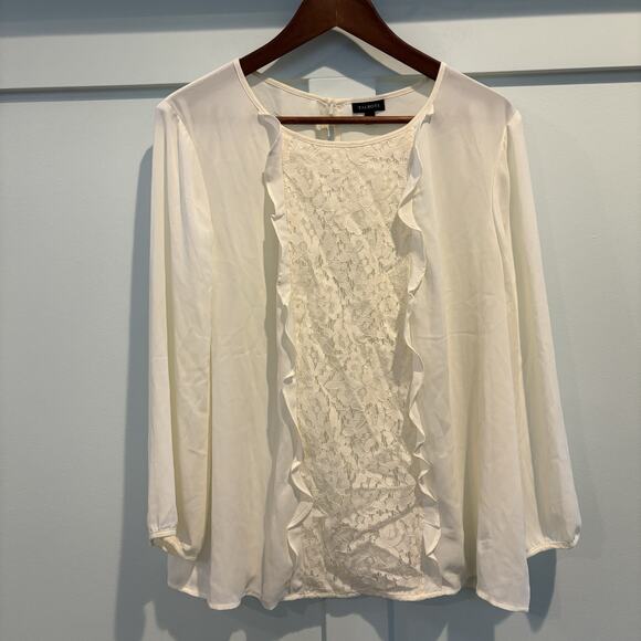 Talbots Blouse Women Large L Cream Lace Front Ruffle Trim Career Feminine Office - Picture 1 of 13